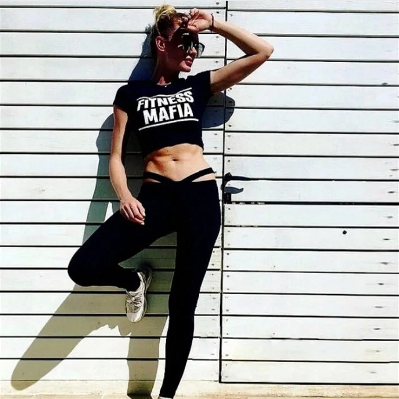 

Active Women Black Sport Suit Solid Letters Lace High Waist Yoga Jogging Suit Short Top+pants 2 Piece Gym Fitness Outfit Mujer