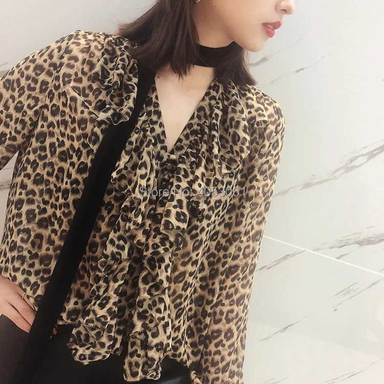 

Silk Leopard Printing Blouse Tops With V Neck Ruffled Detail & Features Velvet Tie Patchwork - 2019 Animal Printed Blouse Shirt