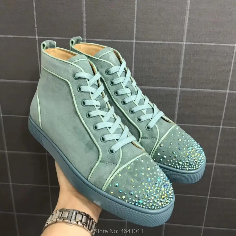 

Lace Up cl andgz Red bottoms Shoe For Men Green leather Rhinestone front Rivet casual High Top Sneakers Flat Loafers Footwear