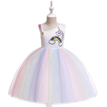 

DJS004 New Fashion Summer Clothes Shoulder Hanger Wrap Halloween Children's Unicorn Cartoon Rainbow Princess Dress