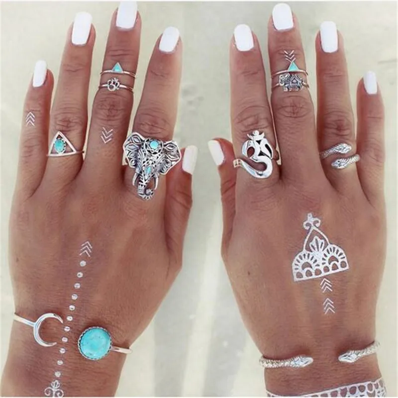 

Fashion Boho Bohemia Knuckle Ring Set Tibet Silver Gypsy Boho Elephant Stone Natural Stone Midi Ring Charm Joint Ring Set