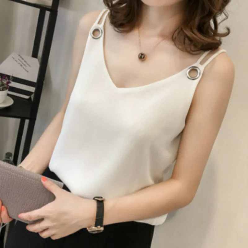 

2019 Summer Plus Size Women's Vest Solid Chiffon Tank Tops V-neck Rings Casual Short Top Female Clothing Sexy Shirt Sleeveless