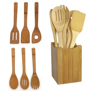

6pcs Stylish Bamboo Spoons Spatula Wooden Utensil Kitchen Turners Tool in Mesh Bag Kitchen Tool