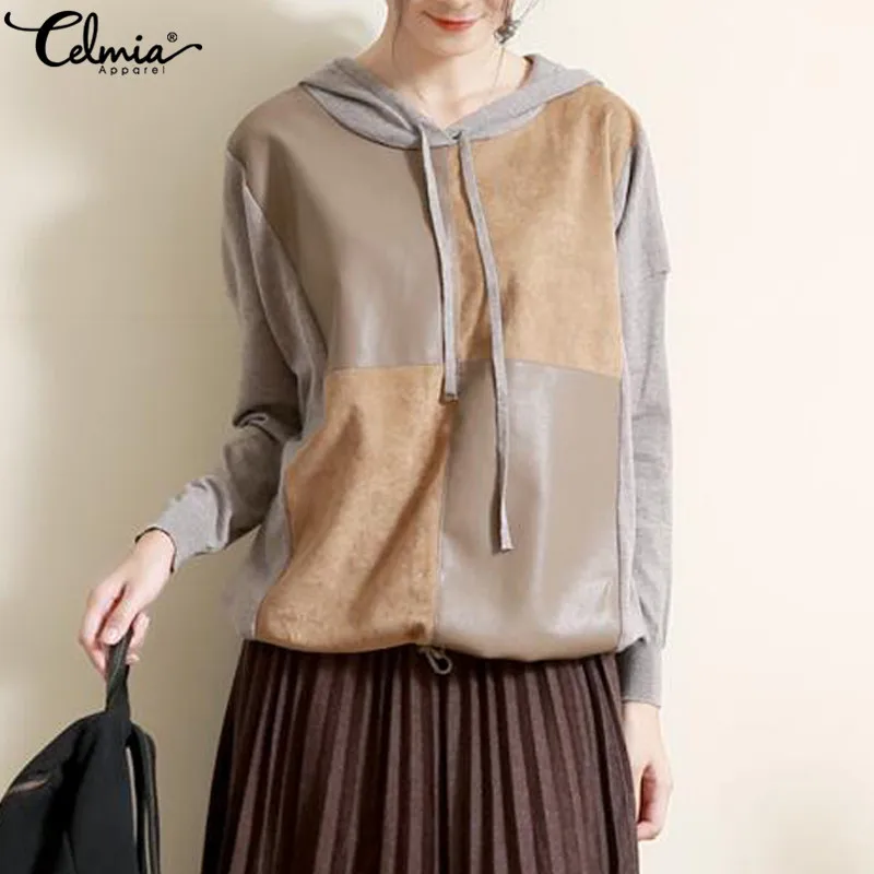 

Celmia Hoodies Sweatshirts Women 2019 Autumn Winter Drawstring Ladies Suede Knit Stitching Hooded Casual Pullover Tops Plus Size