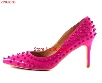 

Free shipping fashion women Pumps Fuchsia studded spikes rivets Pointed toe high heels shoes plue size 43 12cm 10cm 8cm party sh