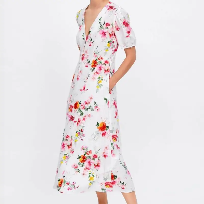 

Women Floral Dress Summer 2019 New Arrival White Ground Prints V-Neck Short Sleeve Female Mid-Calf A-Line Dresses