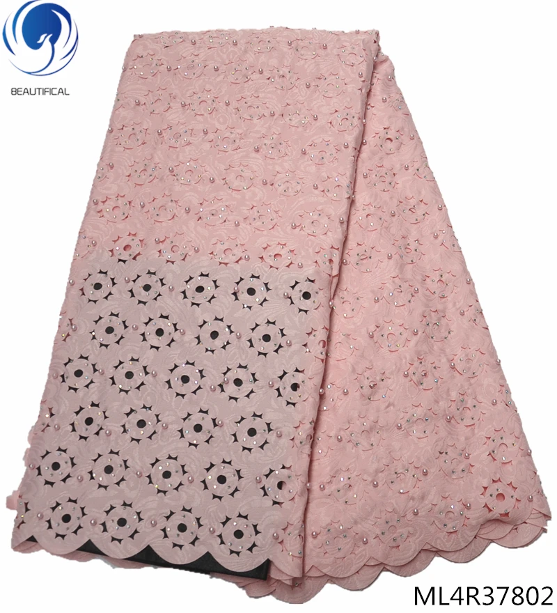 

BEAUTIFICAL pink cotton lace african lace fabric swiss voile lace high quality with beads 5yards/lot free shipping ML4R378