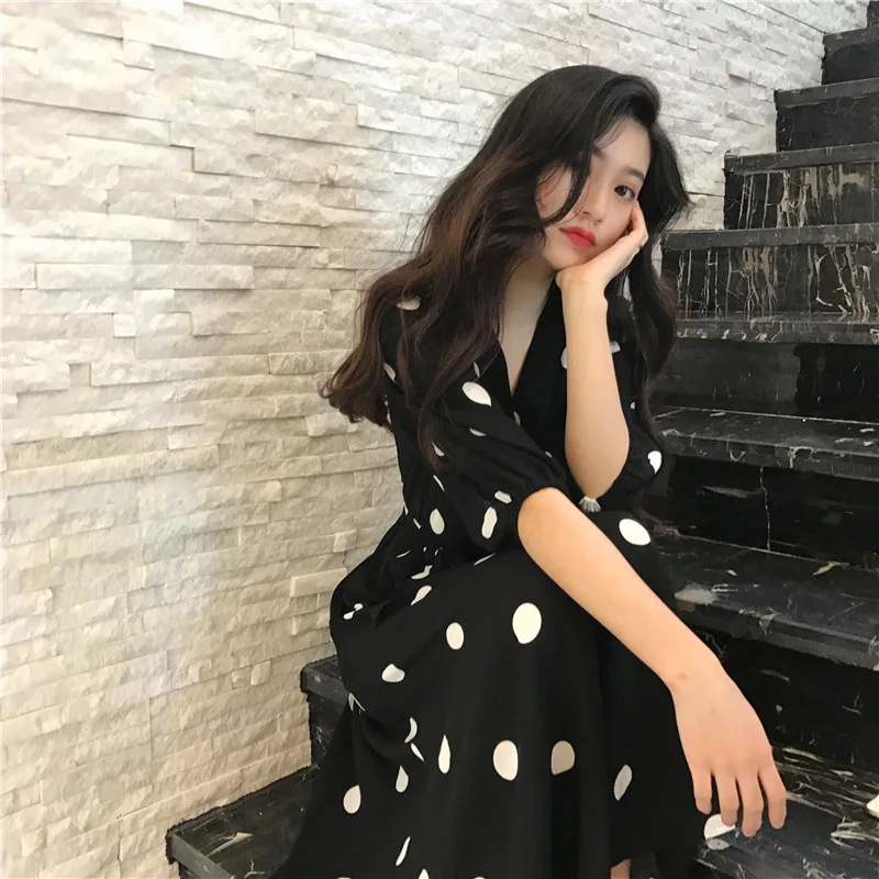

2019 Spring Summer Long Vintage Polka Dot Dress Sexy Women Half Sleeve Lace Black Sundress Elegant Women Office Ladies Clothes