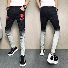 New Fashion Men's Rose Embroidered Slim Jeans Patchwork Hole Hit Color Jeans Pencil Pants For Men New Fashion Men's Rose Embroidered Slim Jeans Patchwork Hole Hit Color Jeans Pencil Pants For Men