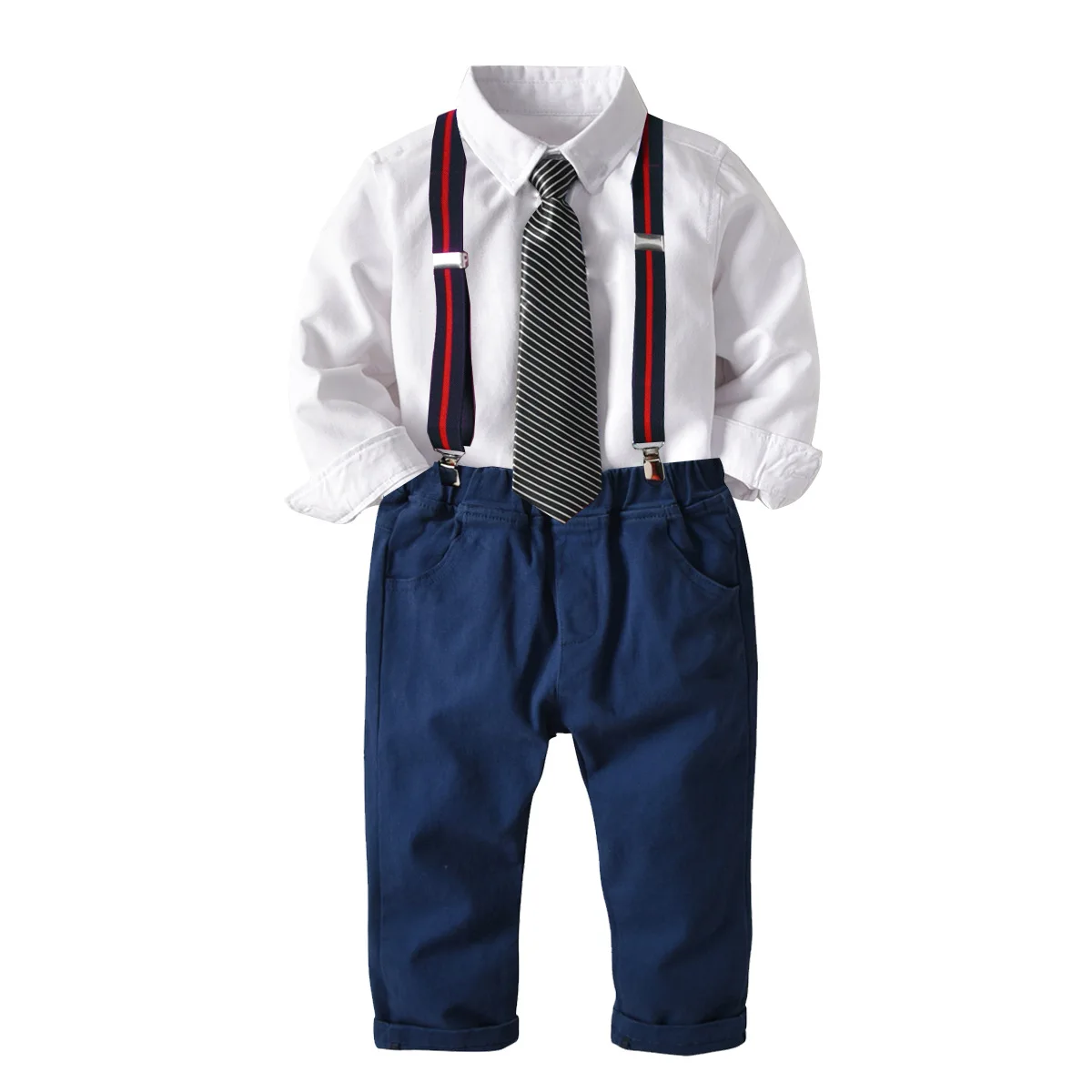 Spring Boys Long Sleeve White Shirt Elastic Knitted Trousers Back and Tie Kids Gentlemen Clothes Set |