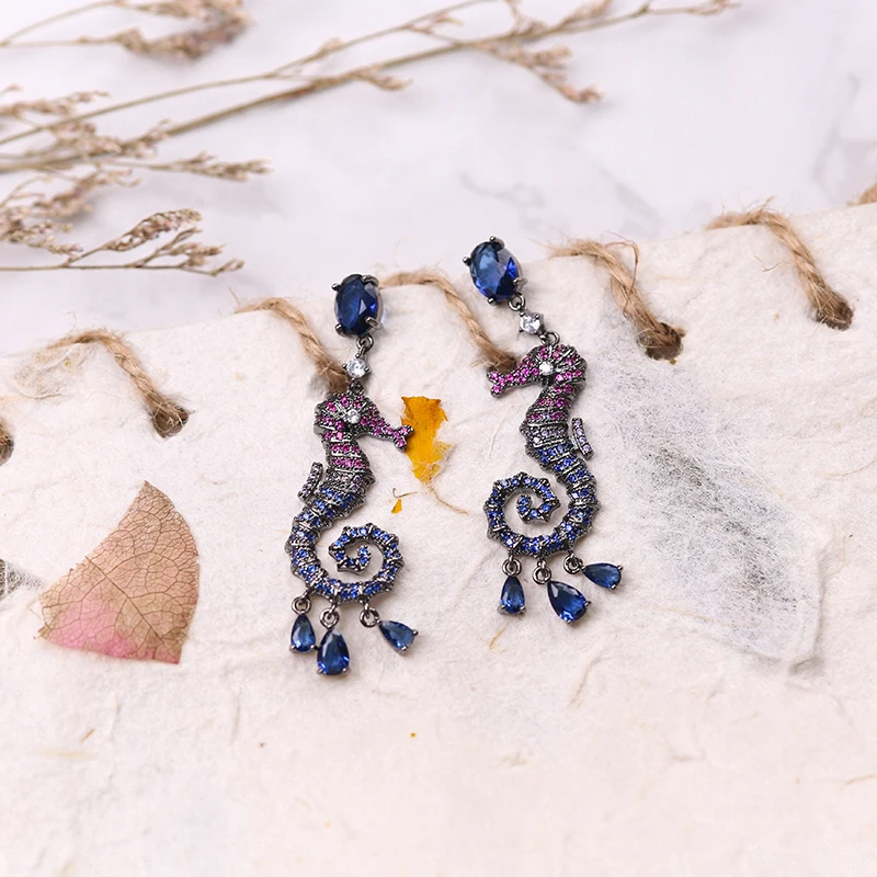 

Vanssey Fashion Jewelry Ocean Animal Sea Horse Water Drop Blue Cubic Zirconia Dangle Earrings Accessories for Women 2019 New