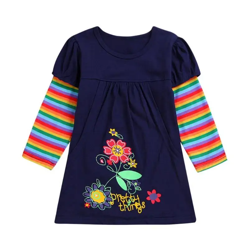 

Cute Princess Dress Cotton Colorful Stripe Print Long Sleeve Knee-length Clothing Stripe Casual Tee Summer Cotton Blend Dress