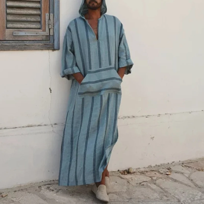 

Islamic Robe Arabe Dress Men Shirt Dress Stripe Kaftan Loose Long Sleeve V-Neck Tee 5XL Bathrobe Lounge Gown Muslim Style Kurta