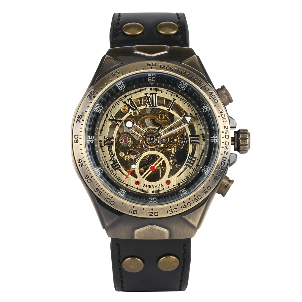 

Vintage Automatic-self-winding Skeleton Watches for Men Bronze Tone Mechanical Watch for Teenagers Black Leather Band Watches