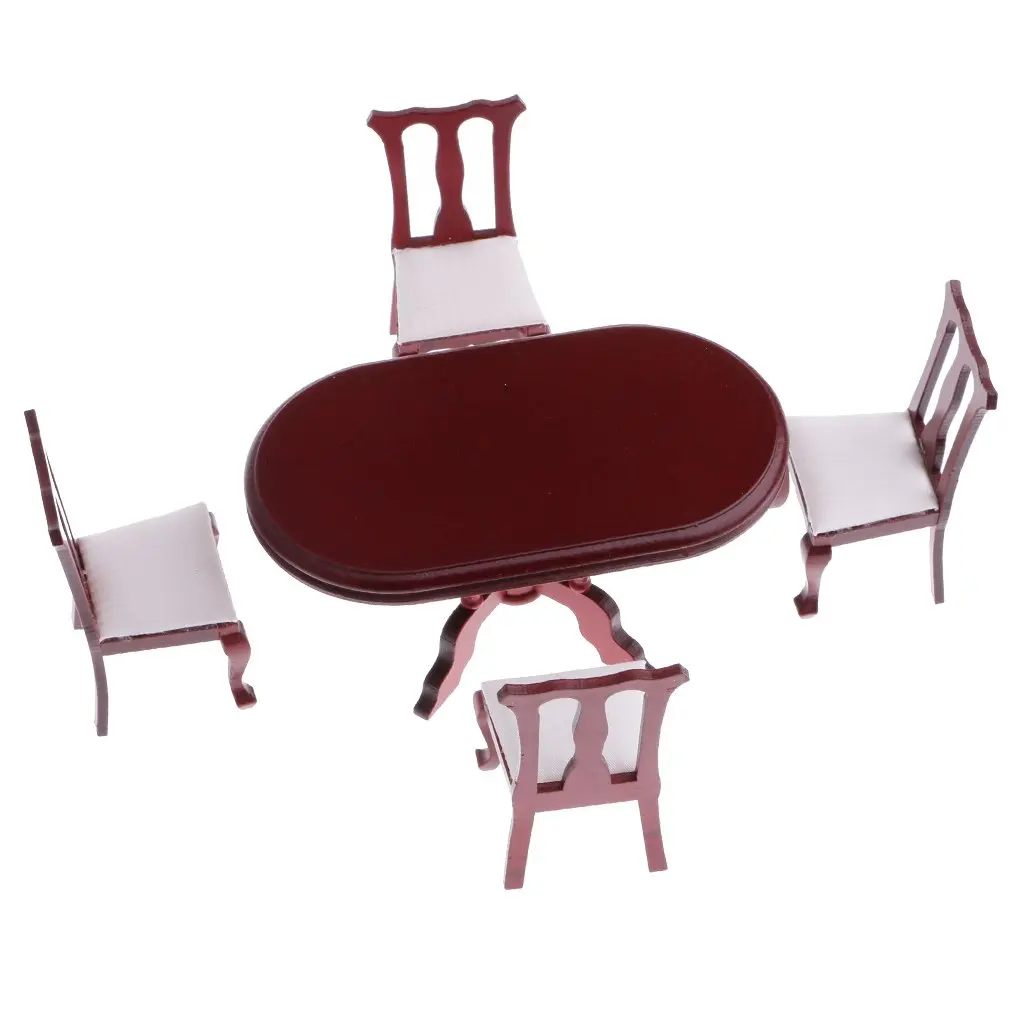  5 Pcs 1:12 Scale Dollhouse Furniture Wooden Dining Room Kitchen Table Chairs Miniature Doll House A