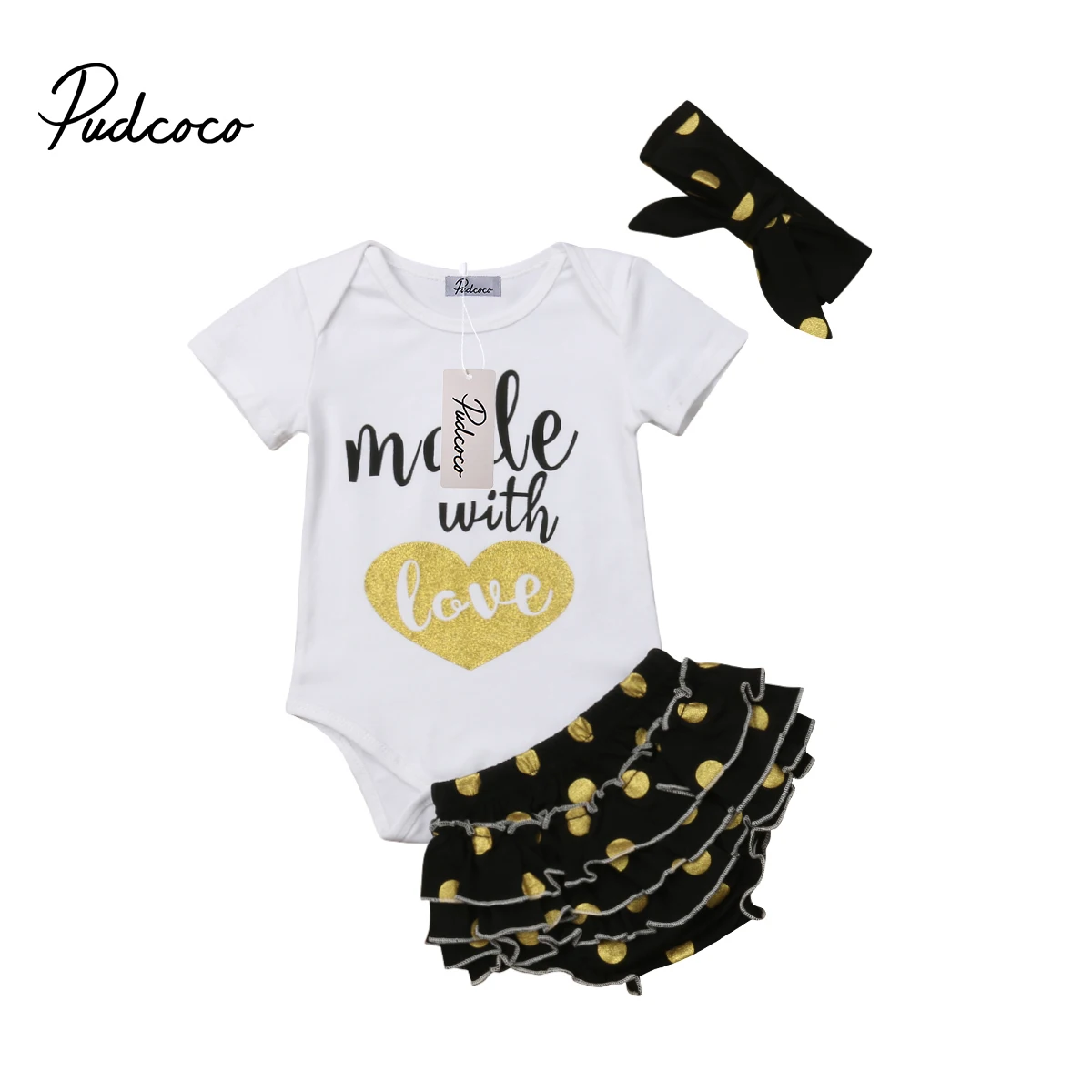

pudcoco 2019 Toddler Kids Baby Girl Letter White Rompers+Black Shorts+Headband Bow-knot 3PCS infant girl Clothes 0-24M
