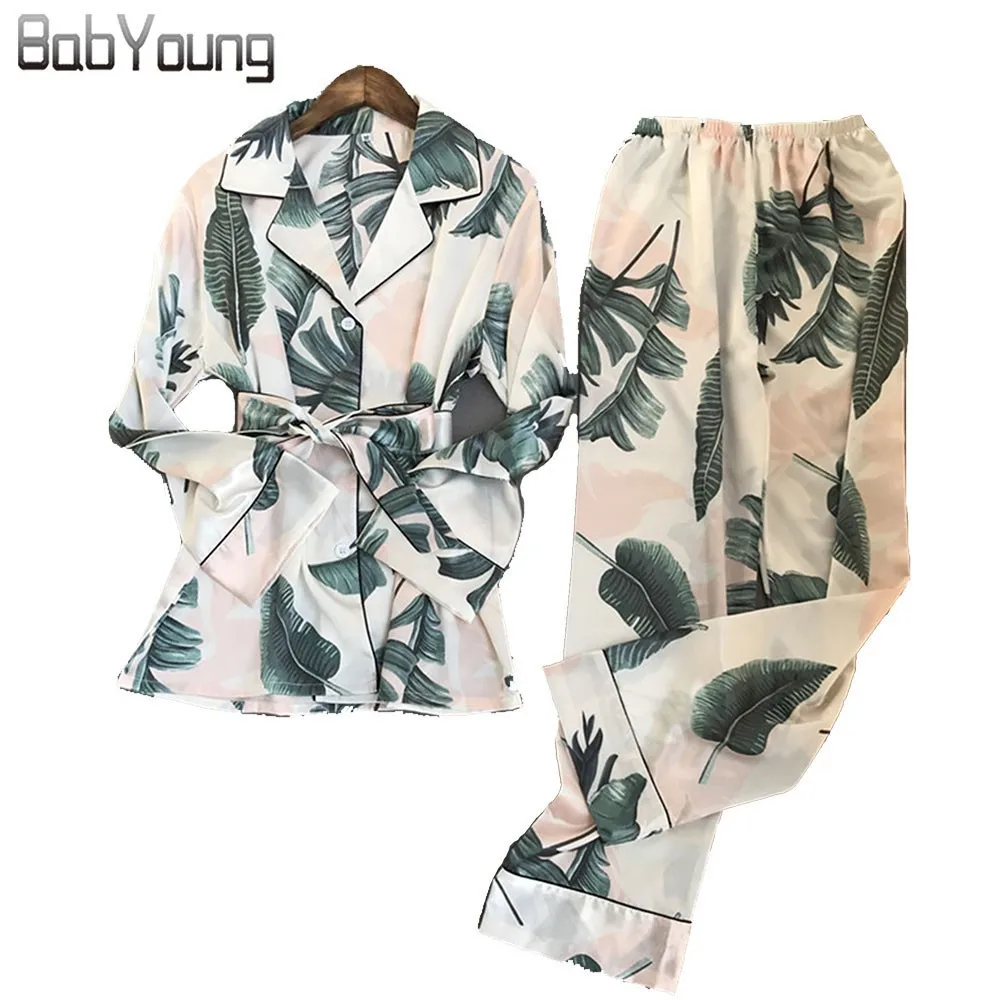 

BabYoung New Summer Pajamas Women Pyjamas Femme Flower Print Satin Silk Sleep Wear Long Sleeve Home Suit Pijama Mujer Feminino