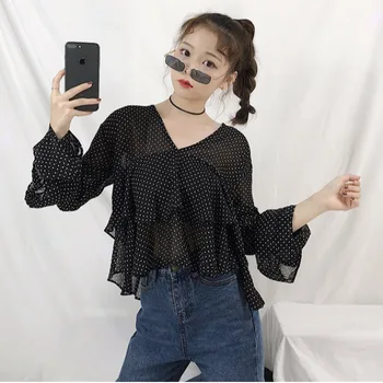 

Lychee Girls Ruffles Dot Women Chiffon Blouse Shirts V Neck Long Sleeve Female Blouses Autumn Spring Shirts