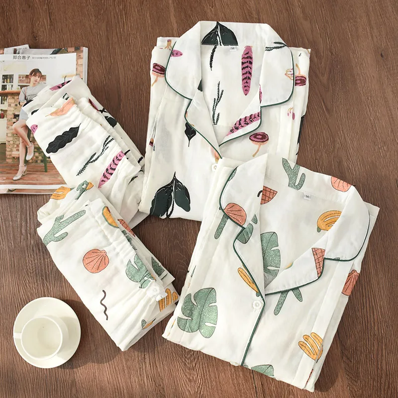 Kopen 100% Katoen Gaas Dunne Zwangerschapskleding Vrouwen Pyjama Set Losse Borstvoeding Kleding Cartoon Nachtkleding Herfst Plus Size Pyjama