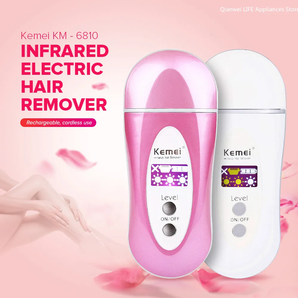 

Kemei KM-6810 Rechargeable Electric Hair Remover Infrared Hot-Wire Kit Mini Epilator LCD Dispaly 2 Blades Tools For Women EU