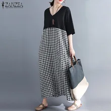 Сарафан ZANZEA платье для женщин клетчатое лоскутное платье-рубашка макси Vestidos летнее женское платье с коротким рукавом и карманами длинные платья