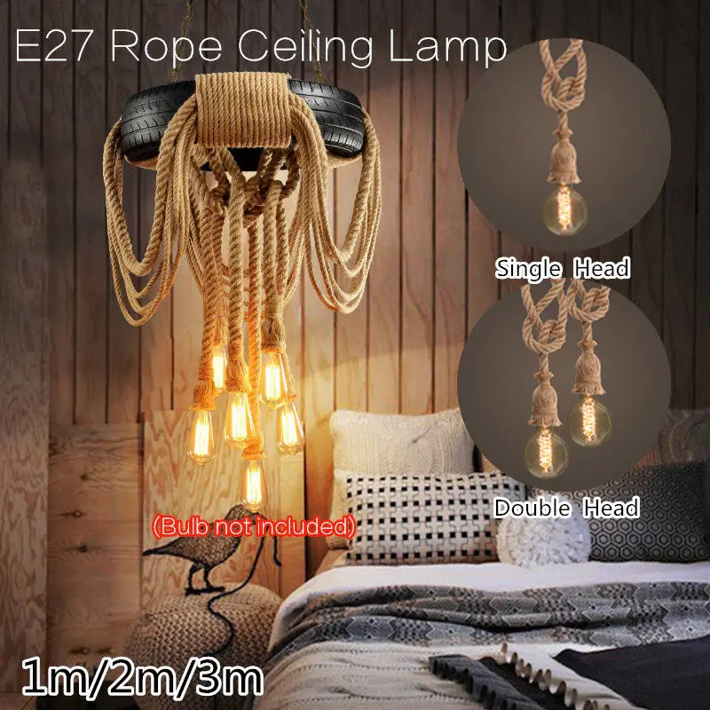 E27 Industrial Pendant Lamp Retro Vintage Edison Hemp Rope Ceiling Light Fixture