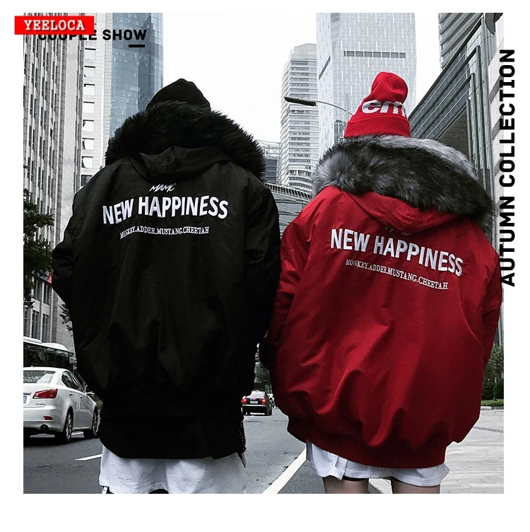 Winter hip hop wide rivets fur collar hooded jacket men women couples