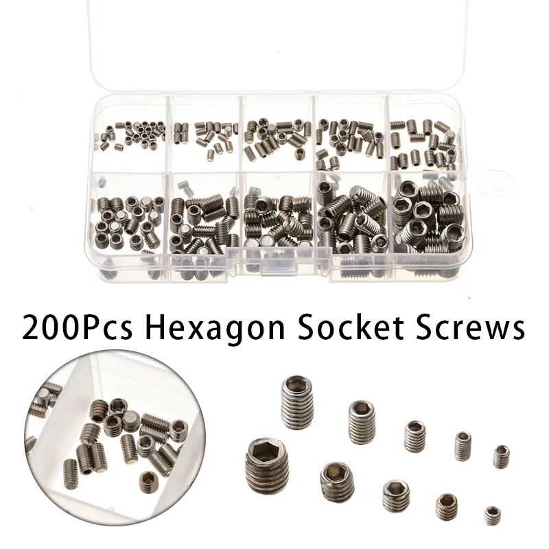 200Pcs/Set 304 Stainless Steel Grub Screws Kit M3/M4/M5/M6/M8 Hex