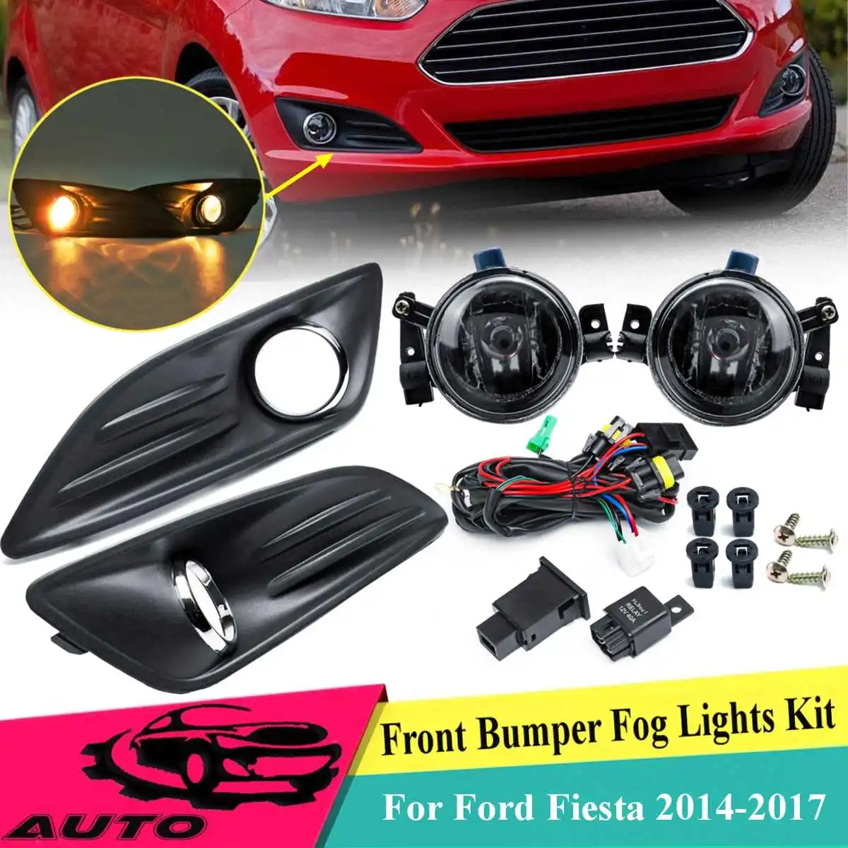 

1 Set 12v H8 Car Fog Light And Cover Grill Kit For Ford Fiesta 2013-2017 Front Bumper Fog Lamp Drl Driving Lamp Harness Switch
