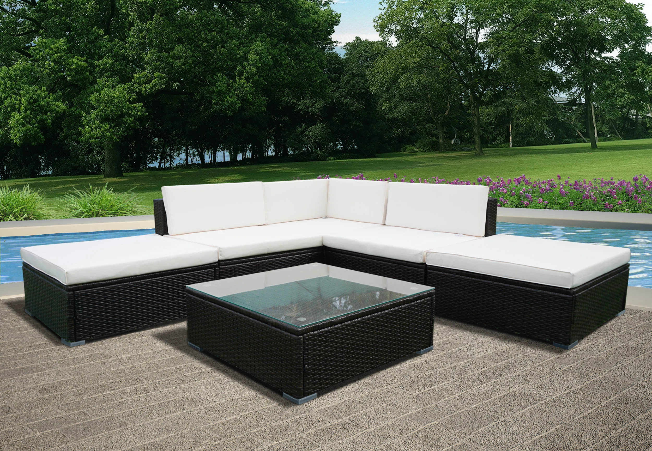 Best Panana 6PCS Rattan Outdoor Garden Furniture Patio Coffee Table and Corner Sofa Set Ottoman nbsp;PE Wicker Steel Frame