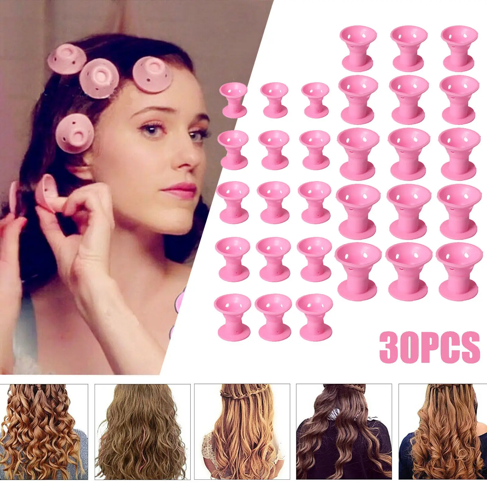 

30pcs/Set Pink Magic Hair Reel Hair Care Rollers No Clip No Hot Silicone Hair Curlers Professional Curling Styling DIY Tool