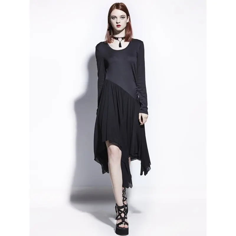 

Rosetic Women Spring Casual Dress Asymmetrical Midi Patchwork Round Neck Plus Size 3XL Black Harajuku Gothic Party Loose