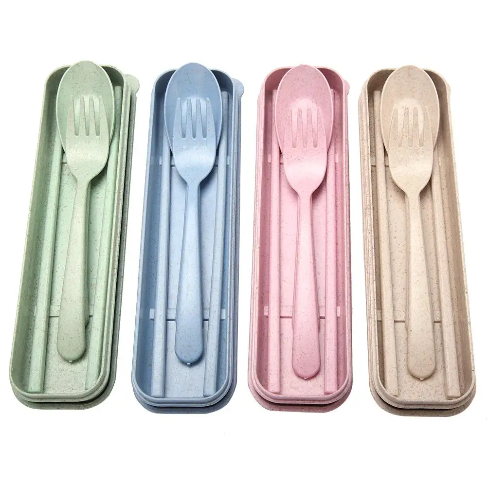 3PCS baby Spoon Chopsticks Fork with Travel Case Portable Wheat Straw Flatware Spoon Chopsticks