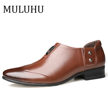 

MULUHU Men Shoes Leather Slip On Pointed Toe Microfiber Spring Men Business Office Wedding Dress Shoes Black Brown Size38-44