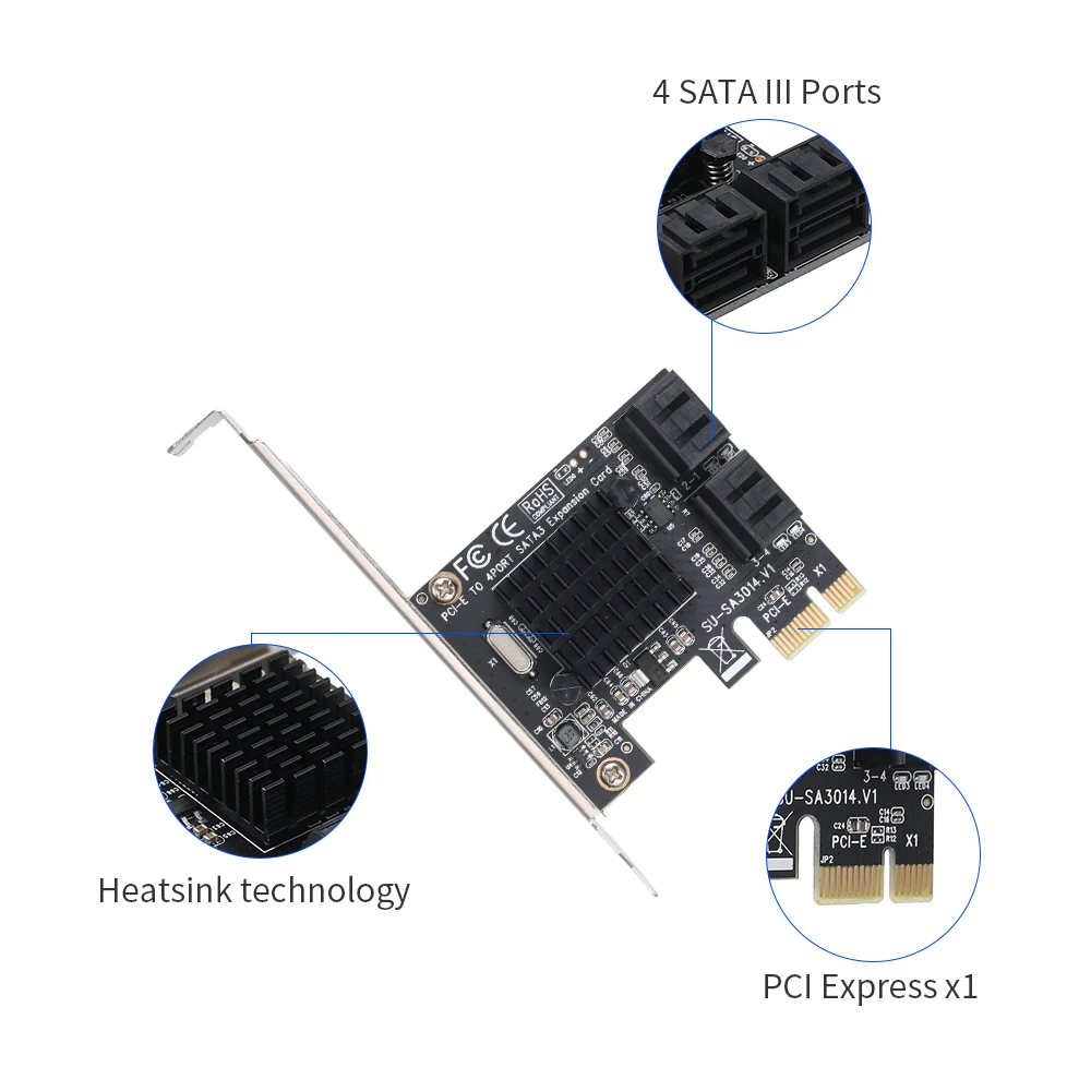 

dd On Card PCIE to SATA Card PCI-E Adapter PCI Express to SATA3.0 Expansion Card 4Port SATA III 6G for SSD HDD