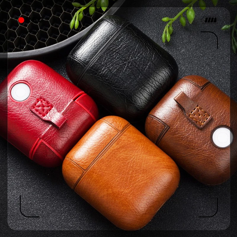 For AirPods Genuine Leather Shock Proof Protective Case Sleeve Skin Cover With Metal Buckle Wireless Headphone Charging Box