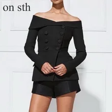 Spring 2019 New Women Suit with A Thin Body A Small Suit Coat Sexy Shoulder Lapel Long Sleeved Jacket Fashion OL Commute Black