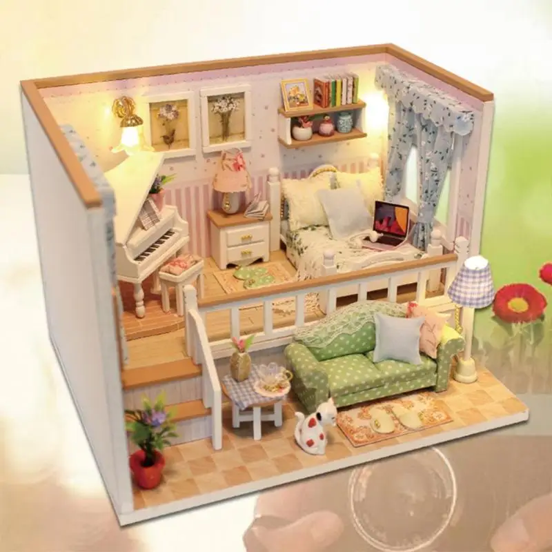 Elegant DIY Miniature Dollhouse Kit Model With Furnitures LED 3D Wooden Handmade Crafts House Birthday Gift Toys For Children #D
