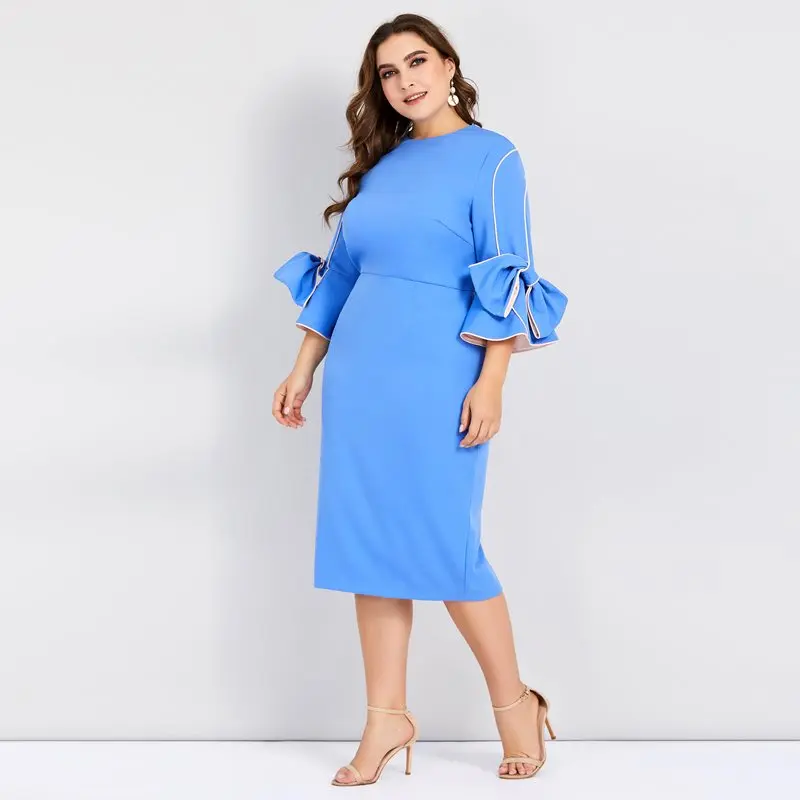 

Women Plus Size Bodycon Dress Elegant Spring Blue Simple Office Wear High Waist Stylish Bowknot Sweet Female Casual Day Dresses