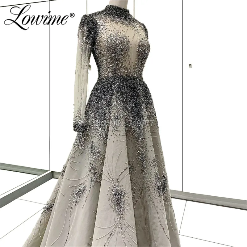 

Crystal Beaded Arabic Evening Dresses Muslim Long Sleeves Formal Prom Gowns Turkish Dubai Kaftans Illusion Party Dress 2019