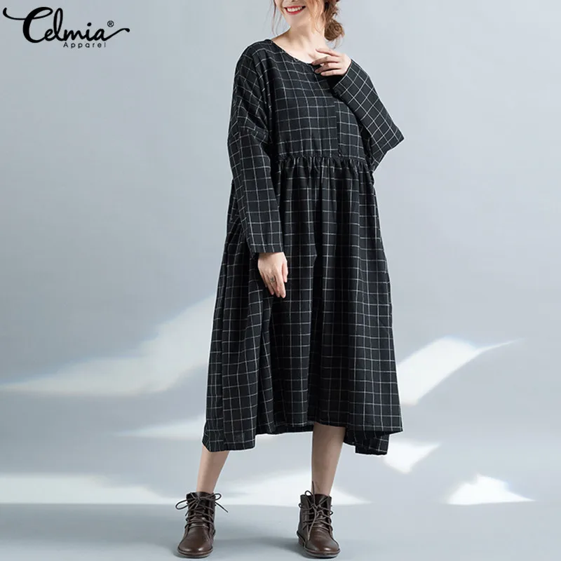 

Spring Celmia Women Vintage Grid Dress Plaid Check O Neck Long Sleeve Loose Linen Midi Vestido Mujer 2019 Tunic Dress Plus Size