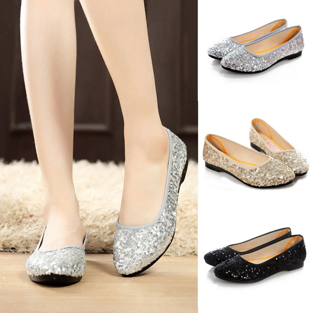 

YJSFG HOUSE Lady Bling Sequined Ballet Shoes Silver Gold Color Comfortable Loafers Autumn Round toe Slip-on Flats Shoes Women