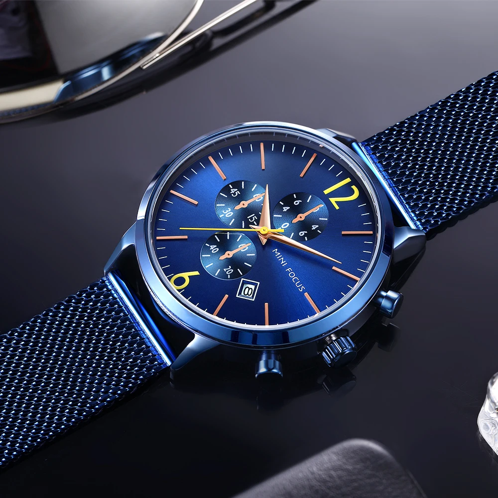 

MINI FOCUS Royal Business Marine Watch Men Quartz Clock Ultra Thin Mesh Strap Calendar Chronograph Mens Watches Top Brand Luxury