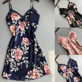 

Summer Print Sleeveless V neck Sleepshirts Sexy Women Silk Lace Robe Dress Babydoll Nightdress Nightgown Sleepwear