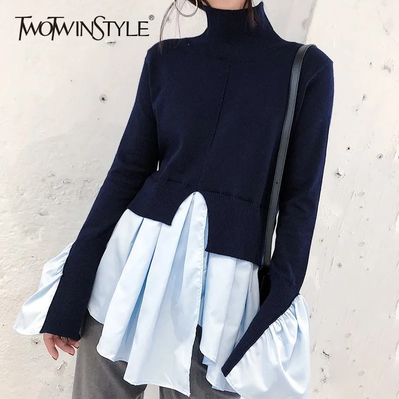 TWOTWINSTYLE Irregular Flare Sleeve Pullover Top Female Turtleneck Patchwork Knitting Sweater Women Korean Fashion 2019 Autumn | Женская