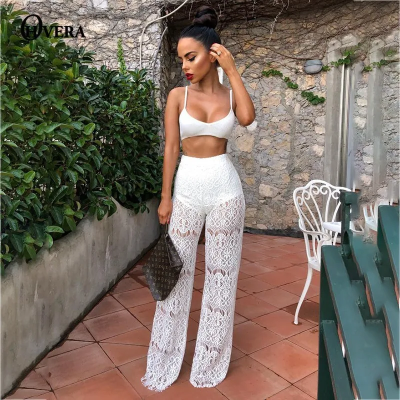 

Ohvera white Lace Sexy Two Piece Set Spaghetti Strap CropTop And Wide Leg Pants Hollow Out 2 Piece Set Women Summer Outfits