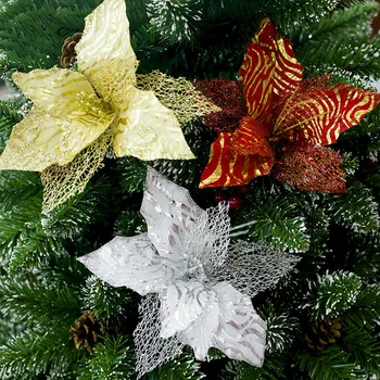 

3pcs Merry Christmas Tree Decoration Artificial Flowers Glitter Poinsettia Fake Flowers Home Decor Ornaments