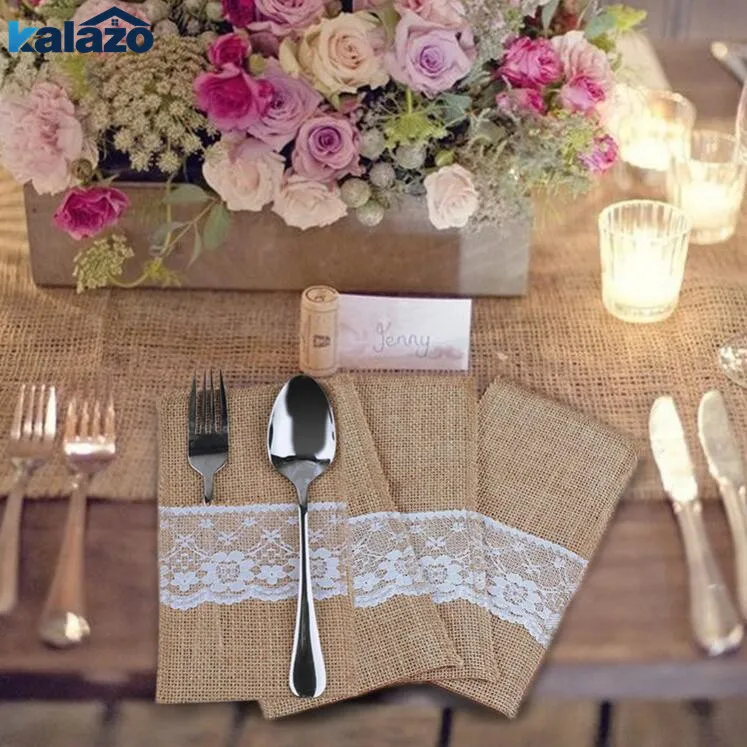

10pcs Natural Burlap Utensil Holders Knifes Forks Bag wedding birthday party handmade Tableware Bag Favor DIY supplies
