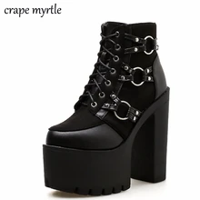 Platform shoes Fashion Thick Heel Ankle Boots Women High Heels lace up boots Autumn Winter Woman Shoes punk black boots YMA473 цена Platform shoes Fashion Thick Heel Ankle Boots Women High Heels lace up boots Autumn Winter Woman Shoes punk black boots YMA473 цены онлайн
