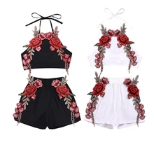 Детская одежда для малышей платье с цветочным рисунком для вечерние летние вышивка Комплекты одежды топ без рукавов, жилет с цветочным рисунком Короткая одежда